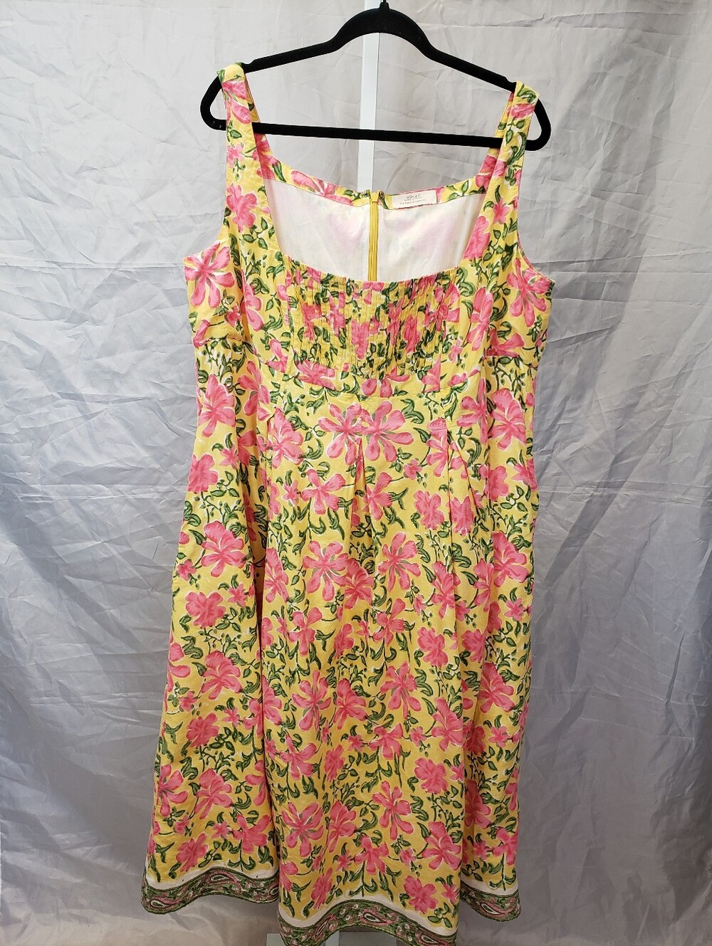 eShakti Yellow Pink Floral Ruched Empire Waist Midi Dress Pockets
